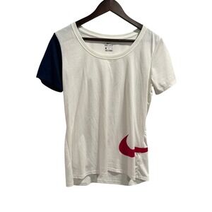 Nike Dri-FIT Womens T-Shirt White Navy Blue Red Swoosh Logo Scoop Neck Medium